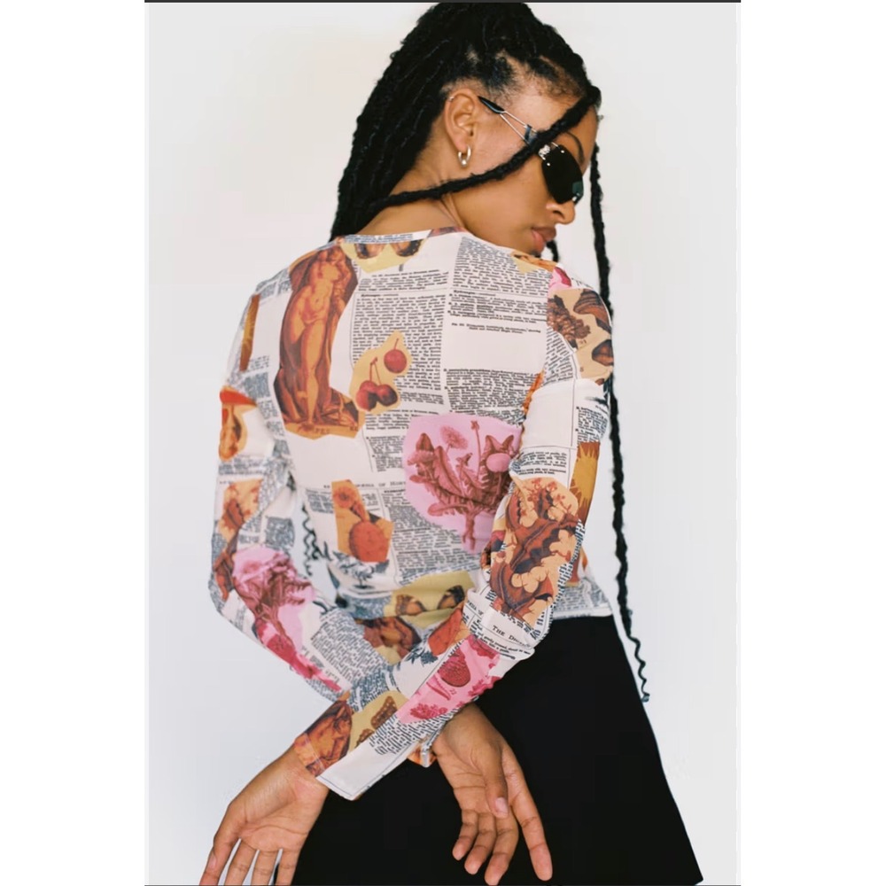 Miaou Newspaper Print Mesh Long Sleeve Top Womens XS Multicolor